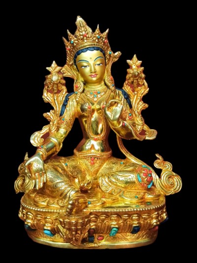 Buddhist Statue Of Green Tara, [full Gold Plated, Stone Setting, Face Painted]