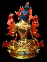 Buddhist Statue Of Green Tara, [full Gold Plated, Stone Setting, Face Painted]