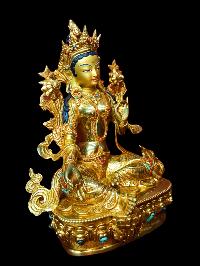 Buddhist Statue Of Green Tara, [full Gold Plated, Stone Setting, Face Painted]