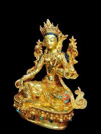 Buddhist Statue Of Green Tara, [full Gold Plated, Stone Setting, Face Painted]