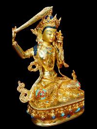 Buddhist Statue Of Manjushri, [full Gold Plated, Stone Setting, Face Painted]