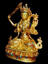 Buddhist Statue Of Manjushri, [full Gold Plated, Stone Setting, Face Painted]