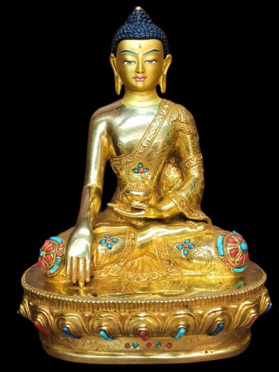 Buddhist Statue Of Shakyamuni Buddha, [full Gold Plated, Stone Setting, Face Painted]