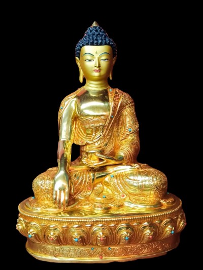 Buddhist Statue Of Shakyamuni Buddha, [full Gold Plated, Stone Setting, Face Painted]