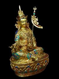 Buddhist Statue Of Padmasambhava, [full Gold Plated, Stone Setting, Face Painted]