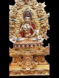 Buddhist Statue Of Vajrasattva, [sitting On A Throne], [full Gold Plated, Stone Setting, Face Painted]