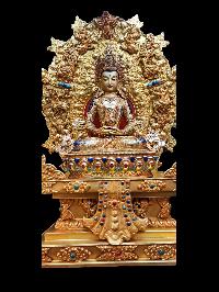 Buddhist Statue Of Aparimita, Amitayus, [sitting On A Throne], [full Gold Plated, Stone Setting, Face Painted], Chepame