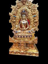 Buddhist Statue Of Aparimita, Amitayus, [sitting On A Throne], [full Gold Plated, Stone Setting, Face Painted], Chepame