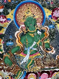 Buddhist Handmade Thangka Of Green Tara, [24k Real Gold], [hand Painted]