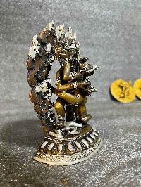 Buddhist Miniature Statue Of Black Jambhala With Consort, [shakti], Yab-yum, [silver And Chocolate Oxidized]