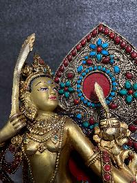 Buddhist Statue Of Dancing Manjushree, [partly Gold Plated, Silver Plated, Stone Setting]