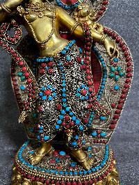 Buddhist Statue Of Dancing Manjushree, [partly Gold Plated, Silver Plated, Stone Setting]