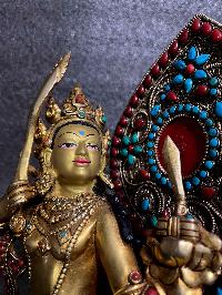 Buddhist Statue Of Dancing Manjushree, [partly Gold Plated, Silver Plated, Stone Setting]