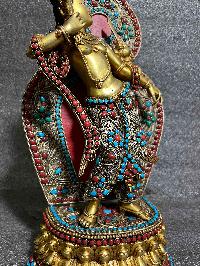 Buddhist Statue Of Dancing Manjushree, [partly Gold Plated, Silver Plated, Stone Setting]