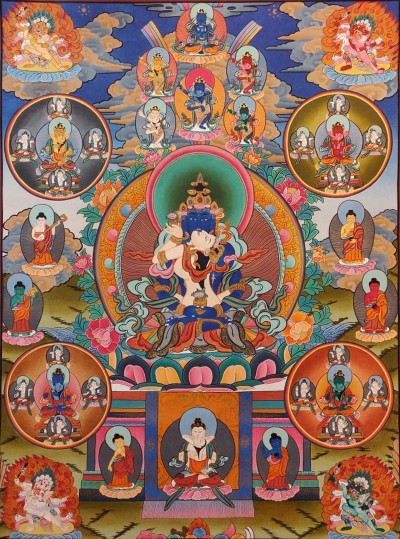 [rare Find], Buddhist Handmade Thangka Of Blue Aparimita With Consort, [shakti], Yab-yum, [hand Painted]