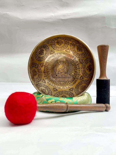 Buddhist Hand Beaten [jambati] Singing Bowl, With [medicine Buddha] Design, [carving]