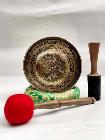 Buddhist Hand Beaten [jambati] Singing Bowl, With [flower] Design, [carving]