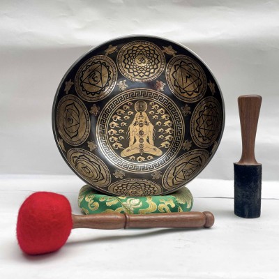 Buddhist Hand Beaten [jambati] Singing Bowl, With Yoga Design, [carving]