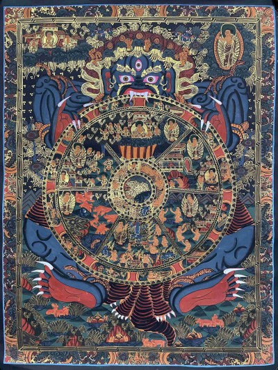 Buddhist Handmade Thangka Painting Of Wheel Of Life, [real Gold, Hand Painted]