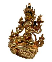 Buddhist Statue Of [green Tara], Full Fire Gold Plated, With [painted Face]