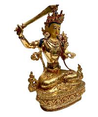 Buddhist Statue Of [manjushri], Full Fire Gold Plated, With Painted Face