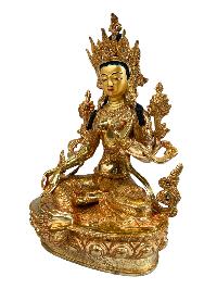 Buddhist Handmade Statue Of Green Tara, [full Gold Plated, Stone Setting, Face Painted]