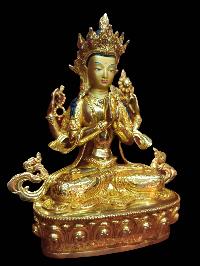 Buddhist Handmade Statue Of Chenrezig, [full Gold Plated, Face Painted]