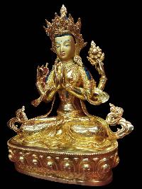 Buddhist Handmade Statue Of Chenrezig, [full Gold Plated, Face Painted]