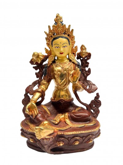 Buddhist Handmade Statue Of Green Tara, [partly Gold Plated, Face Painted]