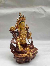 Buddhist Handmade Statue Of Green Tara, [partly Gold Plated, Face Painted]