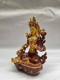 Buddhist Handmade Statue Of Green Tara, [partly Gold Plated, Face Painted]