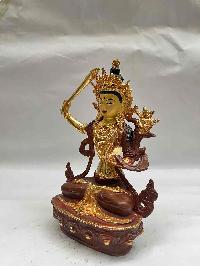 Buddhist Handmade Statue Of Manjushri, [partly Gold Plated, Face Painted]