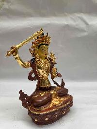 Buddhist Handmade Statue Of Manjushri, [partly Gold Plated, Face Painted]