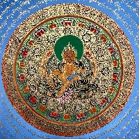 Buddhist Hand Painted Thangka Of Mantra Mandala With Yellow Jambhala At Center, [hand Painted]