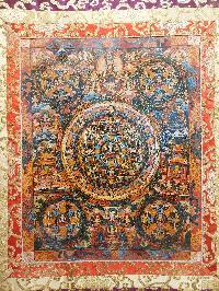 Buddhist Hand Painting Thangka Of Chenrezig Mandala, With Brocade, [hand Painted]