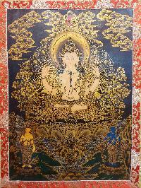 [oil Painting,]buddhist Hand Painting Thangka Of Chenrezig, Avalokiteshvara With Brocade, [hand Painted], Three Great Bodhisattvas