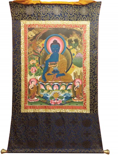 Buddhist Hand Painting Thangka Of Medicine Buddha With Brocade, [hand Painted, Real Gold]