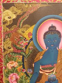 Buddhist Hand Painting Thangka Of Medicine Buddha With Brocade, [hand Painted, Real Gold]