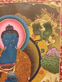 Buddhist Hand Painting Thangka Of Medicine Buddha With Brocade, [hand Painted, Real Gold]