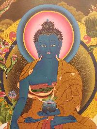 Buddhist Hand Painting Thangka Of Medicine Buddha With Brocade, [hand Painted, Real Gold]