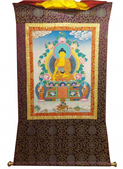 Buddhist Hand Painting Thangka Of Shakyamuni Buddha With Brocade, [hand Painted, Real Gold]