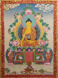 Buddhist Hand Painting Thangka Of Shakyamuni Buddha With Brocade, [hand Painted, Real Gold]