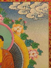 Buddhist Hand Painting Thangka Of Shakyamuni Buddha With Brocade, [hand Painted, Real Gold]