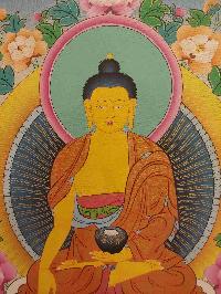 Buddhist Hand Painting Thangka Of Shakyamuni Buddha With Brocade, [hand Painted, Real Gold]