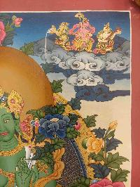 Buddhist Hand Painting Thangka Of Green Tara, With Manjushri And Vajrapani, [hand Painted, Real Gold]