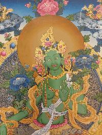 Buddhist Hand Painting Thangka Of Green Tara, With Manjushri And Vajrapani, [hand Painted, Real Gold]