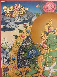 Buddhist Hand Painting Thangka Of Green Tara, With Manjushri And Vajrapani, [hand Painted, Real Gold]