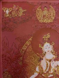 Buddhist Hand Painting Thangka Of White Tara, Shakyamuni Buddha On Top And Aparimita And Namgyalma Bottom, [hand Painted, Real Gold]