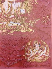 Buddhist Hand Painting Thangka Of White Tara, Shakyamuni Buddha On Top And Aparimita And Namgyalma Bottom, [hand Painted, Real Gold]