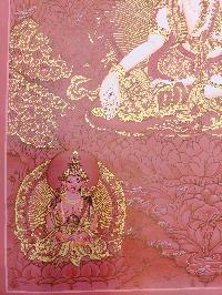 Buddhist Hand Painting Thangka Of White Tara, Shakyamuni Buddha On Top And Aparimita And Namgyalma Bottom, [hand Painted, Real Gold]